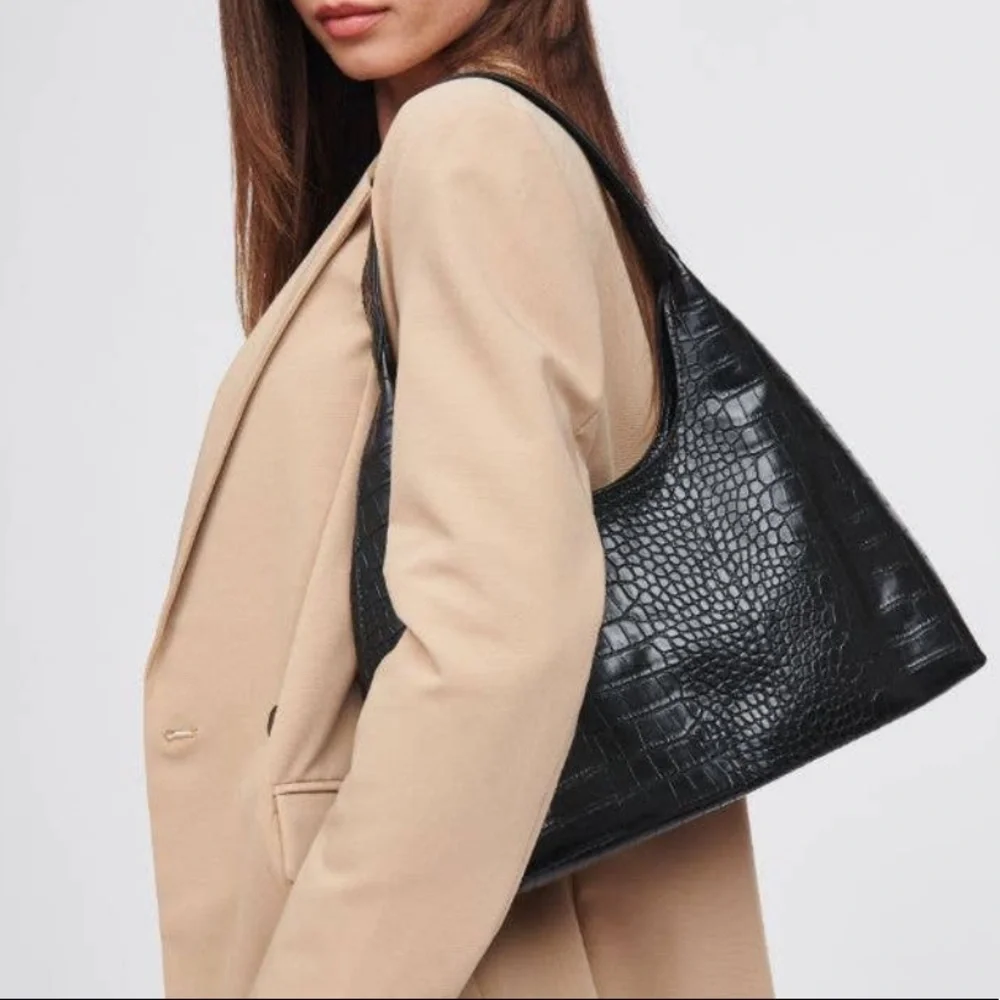 NWT Black Vegan Leather Croc Design Hobo - Picture 4 of 8
